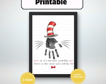 Manualidad de huellas de manos del Dr. Seuss, plantilla imprimible de El Gato con Sombrero, arte para el aula de jardín de infantes y primaria, actividad de huellas de manos para niños pequeños