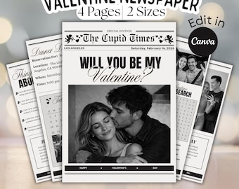 Valentines Cupid Times Zeitung, werden Sie mein Valentine Cupid Post, bearbeitbare Canva Zeitung, personalisierte druckbare Valentinstag Geschenkverpackung