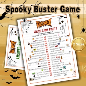 May include: A Halloween-themed printable game sheet titled Which Came First? featuring a list of items to compare with small icons, a skeleton illustration, and spider web graphics. A separate answer sheet is partially visible behind the main card.