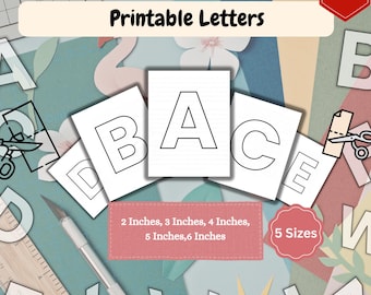 May include: A set of printable letters featuring black outlines on white paper. The text includes Printable Letters, 2 inches, 3 inches, 4 inches, 5 inches, 6 inches, 5 Sizes, and Instant Download. A ruler and scissors are visible in the image.