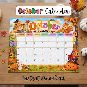 May include: A rectangular October 2026 calendar page featuring a scarecrow, a squirrel with a pumpkin, and a red truck. The design includes autumn leaves, pumpkins, and a white rabbit. Text includes "October 2026" and "Be Kind, Be Brave, Be You."