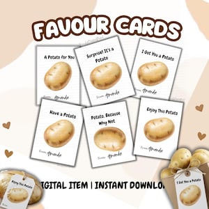 May include: A set of white cards featuring potato illustrations and funny messages such as "Surprise! It's a Potato" and "Have a Potato." Each card is signed "From Amanda." The image promotes a digital item available for instant download.
