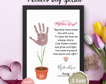 Imprimible de flor con huellas de manos para el Día de la Madre, regalo para mamá de parte de los niños, manualidad con huellas de manos para guardar recuerdos, regalo DIY para guardería o preescolar, descarga instantánea.
