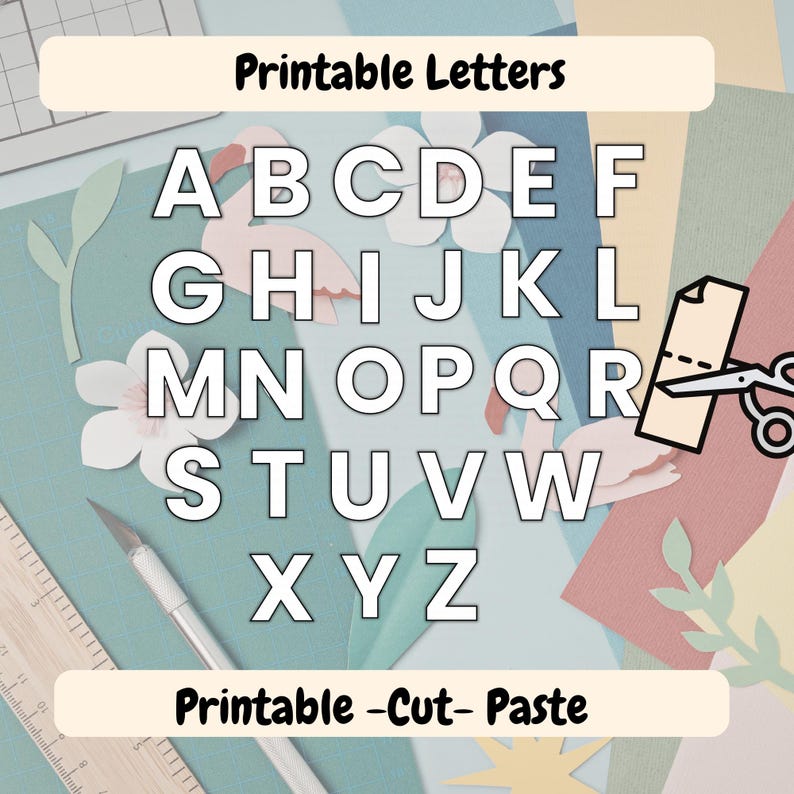 May include: A set of printable letters featuring the alphabet from A to Z in a bold white font with black outlines. The image includes the text Printable Letters and Printable -Cut- Paste, alongside a craft knife, scissors, and paper cutouts.