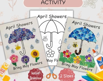 Manualidad de primavera con papel rasgado para imprimir, Lluvias de abril Flores de mayo Actividad para niños, Arte de primavera para preescolar y jardín de infancia, Collage de papel de seda