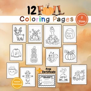 Puede incluir: Una colección de 12 páginas para colorear con temática otoñal que incluye dibujos en blanco y negro de un ciervo, molino, ganso, erizo, suéter, calabazas, ardilla, calabaza, taza de cacao, espantapájaros, seta, camión y un certificado.