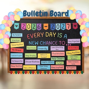 May include: A black bulletin board decorated with a colorful balloon arch and a banner reading 2026-2027. The board features the text Every Day Is A New Chance To followed by various motivational phrases like Be Patient, Dream Big, and Stay Positive.