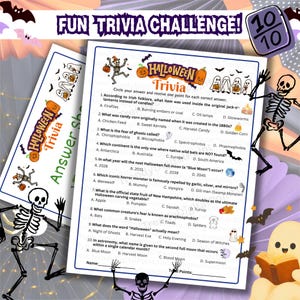 Peut inclure: Une feuille de jeu de trivia d'Halloween avec dix questions à choix multiples et des illustrations de squelettes, fantômes, chauves-souris et citrouilles. Le texte inclut les titres "FUN TRIVIA CHALLENGE!" et "Halloween Trivia".
