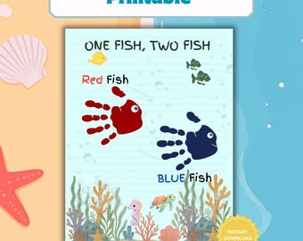 Manualidad de la huella de la mano del Dr. Seuss, Arte de la huella de la mano de un pez y dos peces, Actividad del Dr. Seuss para preescolar, Manualidad de la huella de la mano para niños pequeños, Arte imprimible para el aula