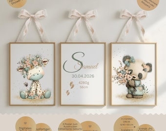 Personalized Boho Baby Poster Set | Editable Nursery Wall Art | Baby Birth Print | Neutral Safari Decor | Digital Download Gift
