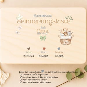 Personalisierte Erinnerungskiste Oma – Holzkiste mit Namen & datum– Geschenk für Oma – Herzensmensch Box – Boho Erinnerungskiste individuell image 1