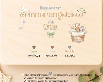 Personalisierte Erinnerungskiste Oma – Holzkiste mit Namen & datum– Geschenk für Oma – Herzensmensch Box – Boho Erinnerungskiste individuell