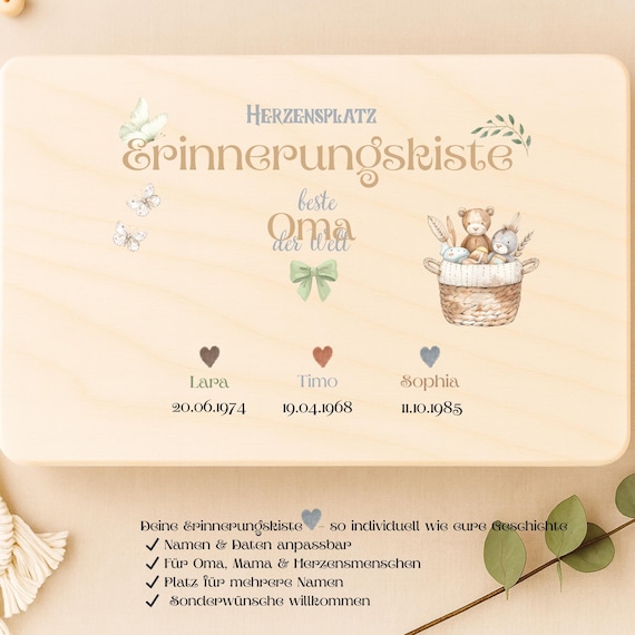 Personalisierte Erinnerungskiste Oma – Holzkiste mit Namen & datum– Geschenk für Oma – Herzensmensch Box – Boho Erinnerungskiste individuell