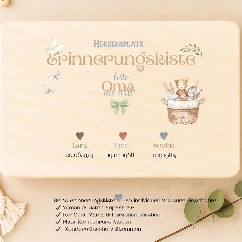 Personalisierte Erinnerungskiste Oma – Holzkiste mit Namen & datum– Geschenk für Oma – Herzensmensch Box – Boho Erinnerungskiste individuell image 1