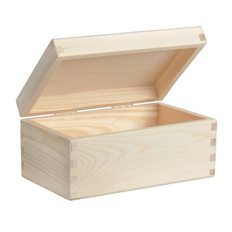 May include: A rectangular wooden box with a hinged lid, partially open. The box is made from light-coloured wood, with visible wood grain and dovetail joints at the corners. The interior of the box is also light-coloured wood.