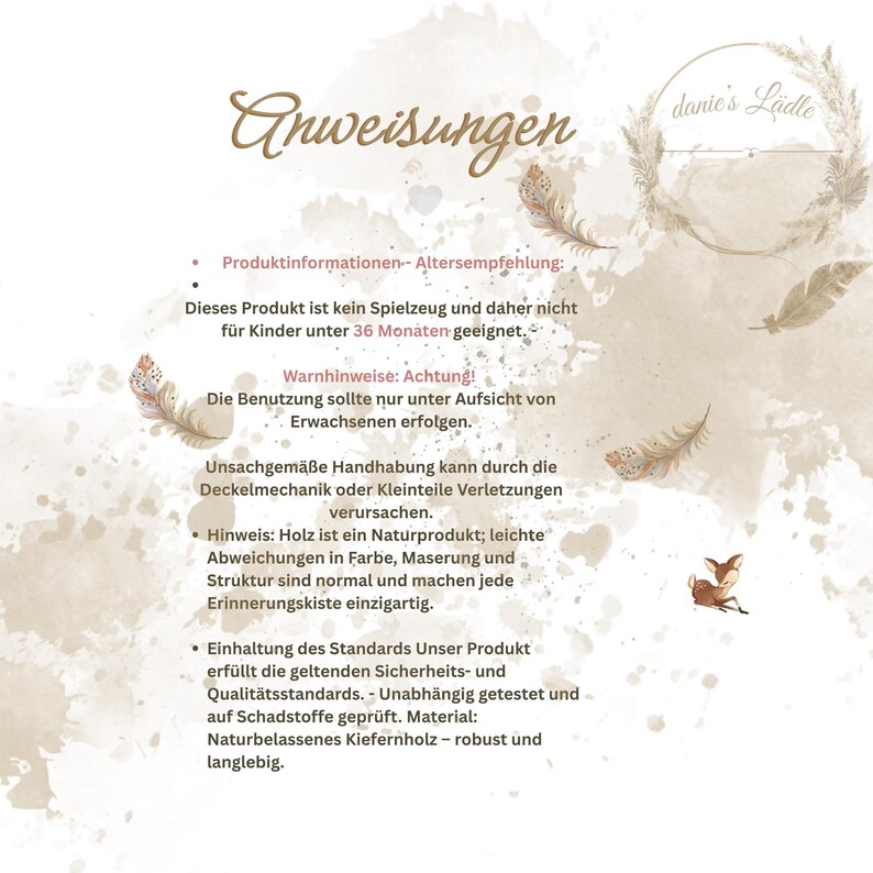 May include: A beige card with German text, titled "Anweisungen", providing product information and warnings. The design features feather illustrations and a floral logo. The card details material and safety advice.
