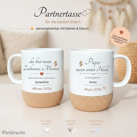 Personalisierte Mama Papa Tassen Set zur Geburt – Geschenk für werdende Eltern – mit Namen & Datum – Partner Tassen Familie Baby-mit Deckel