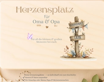 Personalisierte Erinnerungskiste Oma & Opa | Herzensplatz | Geschenk für Großeltern | Holzkiste mit Namen | Geschenk | Familien Erinnerungen