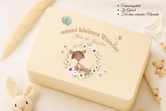 Personalisierte Holzkiste Baby Mädchen | Boho Erinnerungskiste zur Geburt | Geschenk mit Namen | Taufe & Babybox - Babybox mit Namen