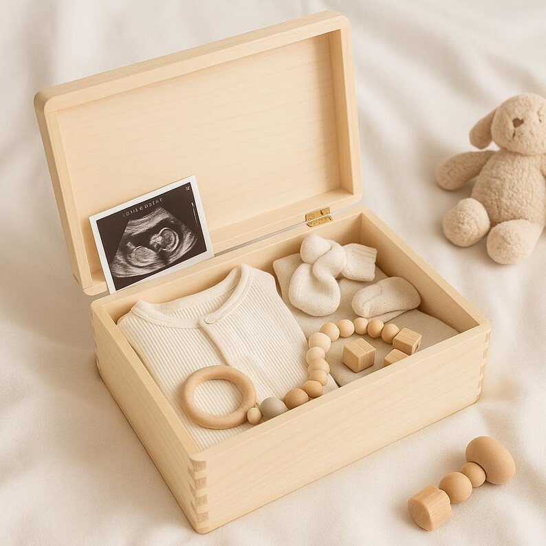 May include: A light wooden box, open to reveal baby essentials. Inside are a cream-coloured onesie, socks, a wooden teether, and a beaded toy. An ultrasound scan and a soft toy are also visible.