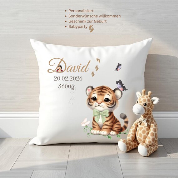 Personalisiertes Kissen Baby Tiger | Geburtskissen mit Name Datum Gewicht | Geschenk Geburt Mädchen Junge | Boho Baby Kissen