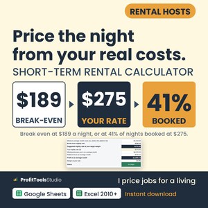 May include: A short-term rental calculator graphic for RENTAL HOSTS with the text Price the night from your real costs. It displays three boxes: $189 BREAK-EVEN, $275 YOUR RATE, and 41% BOOKED, plus a data table, ProfitToolsStudio logo, and software icons.