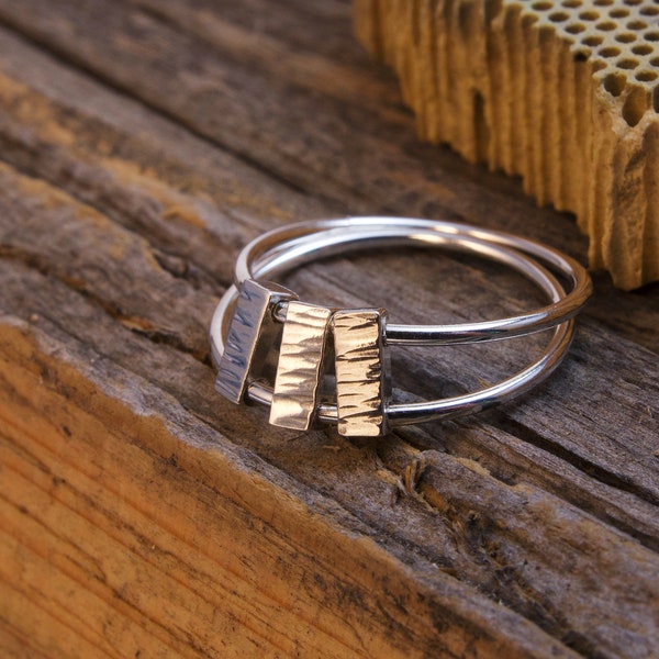 Fidget hammered three bars double rings, sterling silver, moving, meditation, mindfulness, worry ring, anxiety ring,  stacking