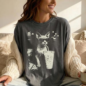 Op de afbeelding: Donkergrijs t-shirt met een afbeelding van een kat met een zonnebril die uit een beker met een rietje drinkt. Er is ook een kleinere kattenillustratie aanwezig. Het t-shirt heeft een relaxte pasvorm.