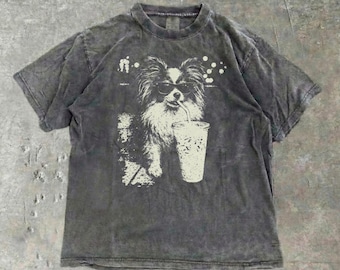 Maglietta Comfort Colors con simpatico Papillon che beve caffè freddo, maglietta vintage per cani, maglietta Papillon, maglietta unisex per papà di cani, regalo Papillon