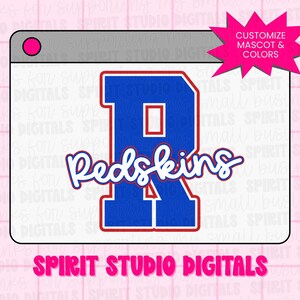 以下が含まれることがあります： 青と赤の文字「R」とスクリプトフォントの「Redskins」という文字が特徴のデジタルデザイン。 デザインは、ブラウザウィンドウフレーム内の白い背景に対して設定されています。 下部のテキストは「SPIRIT STUDIO DIGITALS」と表示されています。