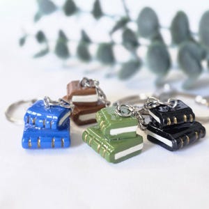 Polymer Clay Stacked Books Keychain, Gold Accented Charm, Reader Accessory