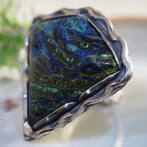 Azurite Malachite Ring Statement Blue Planet Stone Sterling Silver Jewelry Izovella