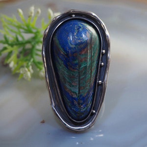 SALE Azurite Malachite Ring Blue Green Stone Statement Ring Sterling Silver Jewelry