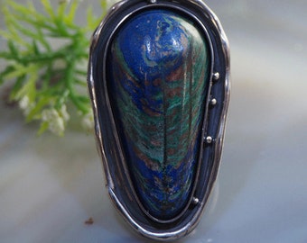 Azurite Malachite Ring Blue Green Stone Statement Ring Sterling Silver Jewelry