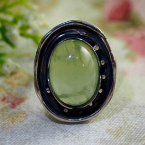 SALE Prehnite Ring Green Stone Artisan Sterling Silver Ring Izovella Jewelry Izovella