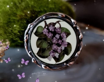 Mosaic Ring Pietra Dura Lilac Flowers Cocktail Ring Sterling Silver Jewelry Izovella