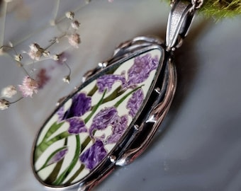 Statement Pendant Pietra Dura Irises Flowers Stone Mosaic Necklace Sterling Silver Jewelry