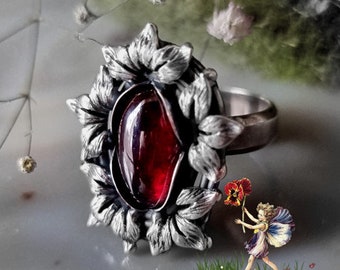 Garnet Ring Almandine Red Flower Botanical Statement Stone Sterling Silver Jewelry Izovella