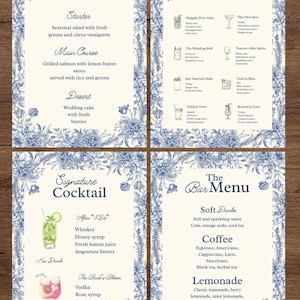 Puede incluir: Menú de boda de cuatro paneles con borde floral y diseño en tinta azul. El menú incluye un entrante, plato principal, postre, cóctel de autor y menú de bar con refrescos, café y limonada.