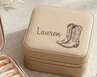Personalized Cowgirl Travel Jewelry Case, Cute Cowboy Boots Custom Name Jewel Box, Nashville Bachelorette Gift, Country western gal