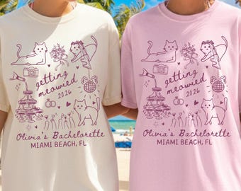 Cat Bachelorette Shirt, Custom Getting Meowied Personalized Funny Cat Themed Bach Party Favors, Here to Purrty Coquette Bow Bridesmaid Gifts