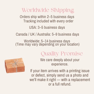 K&ouml;nnte beinhalten: Eine informative Grafik auf hellbeigem Hintergrund mit den rosafarbenen Text&uuml;berschriften Worldwide Shipping und Quality Promise. Sie enth&auml;lt Details zu Bearbeitungszeiten, Sendungsverfolgung und Lieferzeiten f&uuml;r die USA und international.