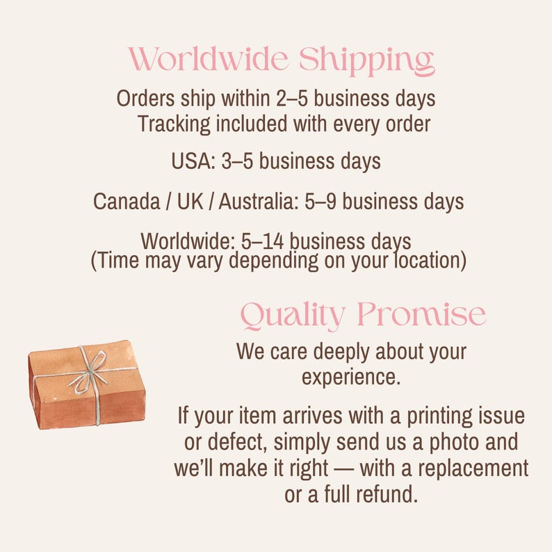 K&ouml;nnte beinhalten: Eine informative Grafik auf hellbeigem Hintergrund mit den rosafarbenen Text&uuml;berschriften Worldwide Shipping und Quality Promise. Sie enth&auml;lt Details zu Bearbeitungszeiten, Sendungsverfolgung und Lieferzeiten f&uuml;r die USA und international.