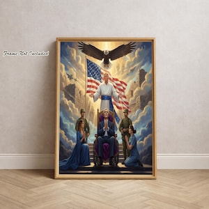 May include: A framed artwork with a religious theme. The image depicts a central figure in a white robe, with an American flag and an eagle. Other figures are kneeling in prayer. The frame is a light brown color.