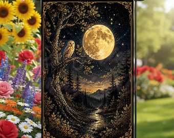 Full Moon Owl Garden Flag, Dark Woodland Night Sky Yard Decor, Gothic Celestial Outdoor Banner LT0301