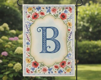 Personalized Crest Garden Flag, floral Preppy Coquette Initial Yard decor, Grandmillennial Decor, Porch Banner, Watercolor Chinoiserie Flag