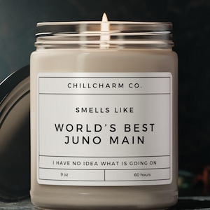 May include: A lit candle in a glass jar with a silver lid. The label reads "CHILLCHARM CO." and "SMELLS LIKE WORLD'S BEST JUNO MAIN." The text "I HAVE NO IDEA WHAT IS GOING ON" is also on the label. The candle is 9 oz and burns for 60 hours.