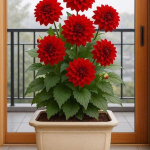 May include: A potted plant with vibrant red dahlias in full bloom. The flowers are clustered atop green foliage, set in a beige square planter. The background includes a window and a black railing.