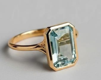 14K massief gouden ring met smaragd geslepen aquamarijn – verlovingsring geboortesteen maart