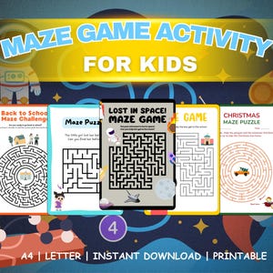 May include: A collection of colorful maze game activity sheets for kids. The sheets feature various themes, including a back-to-school challenge, a space-themed maze, and a Christmas puzzle. The text "MAZE GAME ACTIVITY FOR KIDS" is displayed at the top.